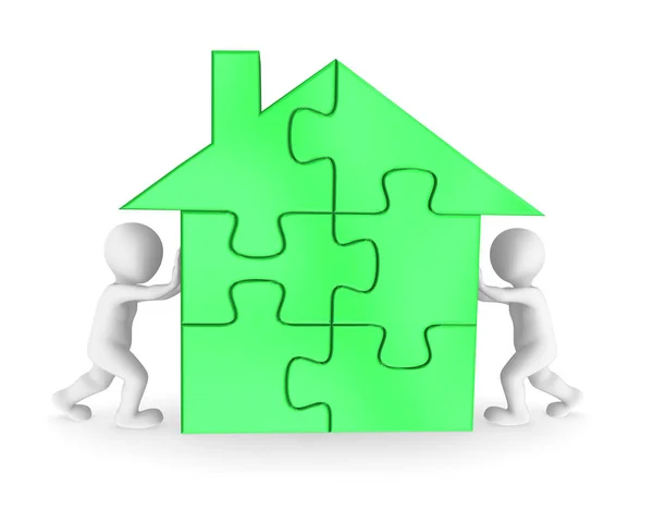 İnsanlar ve ev puzzle. 3D render illüstrasyon.