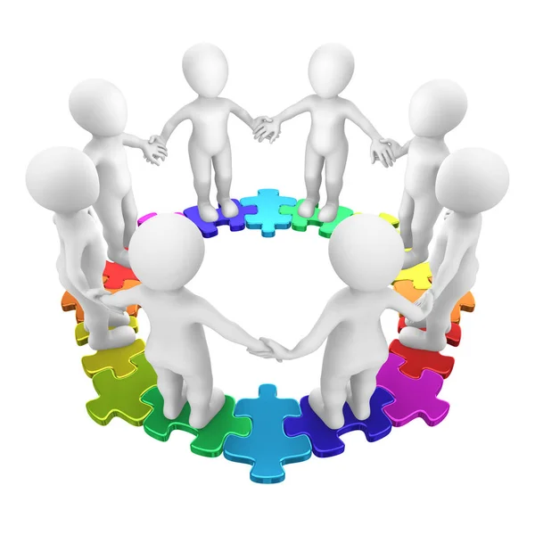 İnsanlar renkli daire bulmaca üzerinde. 3D render illüstrasyon.