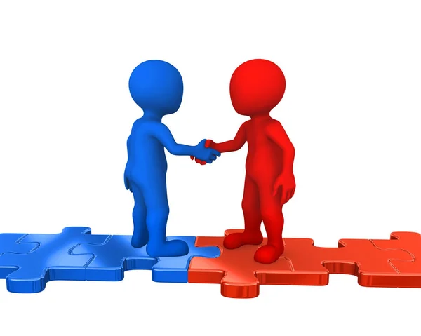 Bulmaca, küçük insanlar el sıkışma. 3D render illüstrasyon.