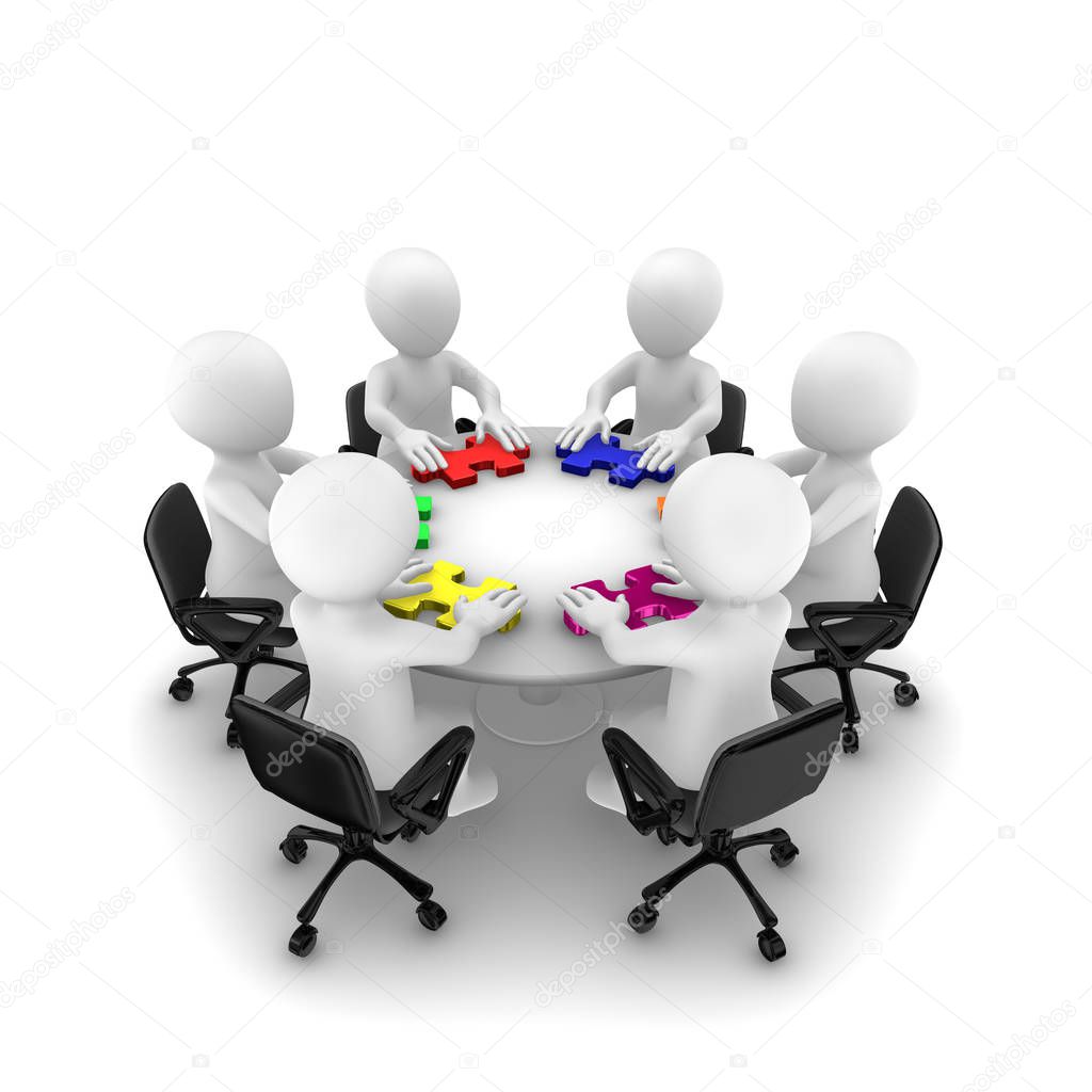 Business people with colored jigsaw puzzle, teamwork concept. 3d rendered illustration.