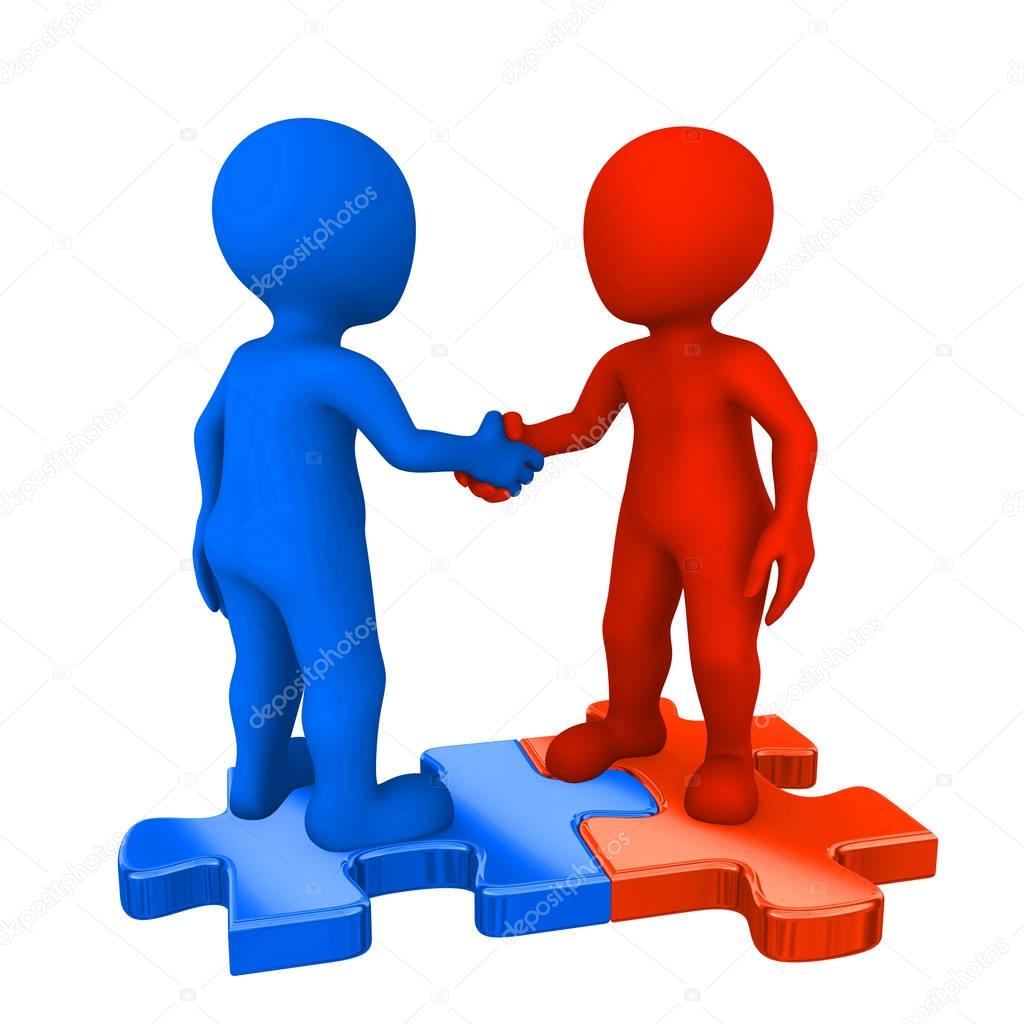 Colored people on puzzles shaking hands. 3d rendered illustration.