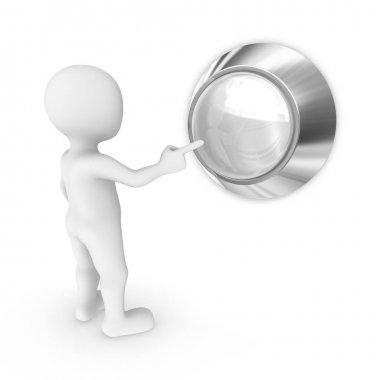 3D adam boş beyaz düğmeye basmadan.