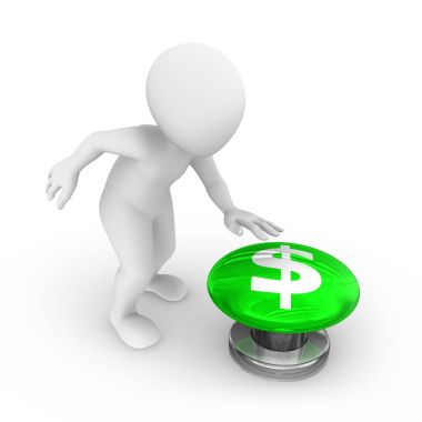 3D adam düğmeye basmadan. dolar simgesiyle.