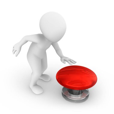 3D adam kırmızı düğmeye basmadan.