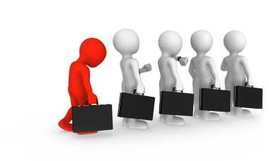 Üzgün kırmızı işadamı bir sırada standları. 