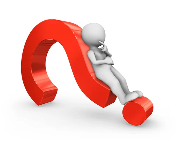 kırmızı bir soru işareti üzerinde yatan 3d beyaz adam.