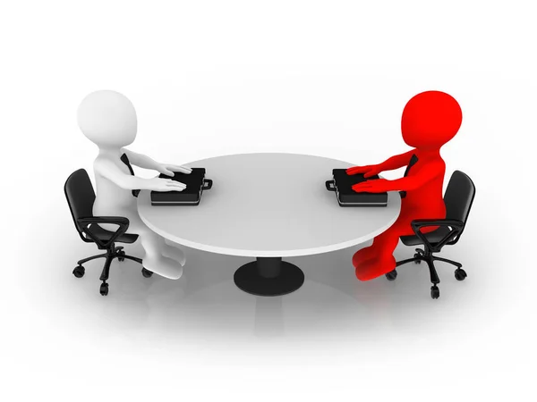 yuvarlak masada oturan 3d küçük iş adamları