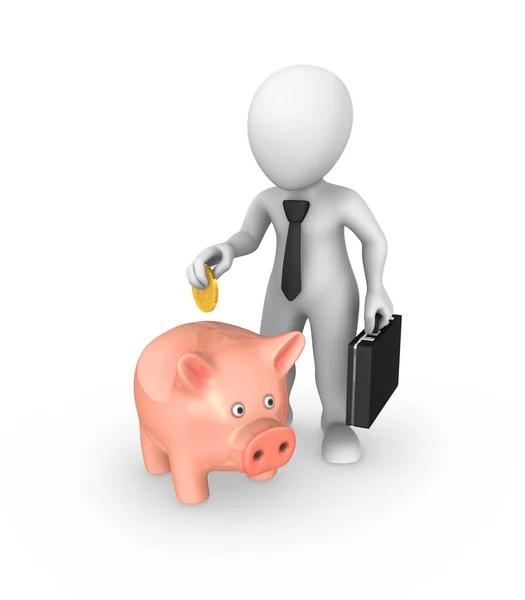 White Businessman Puts Money Piggy Bank — Stock Photo, Image
