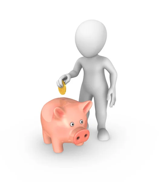 White Man Puts Coin Piggy Bank — Stock Photo, Image