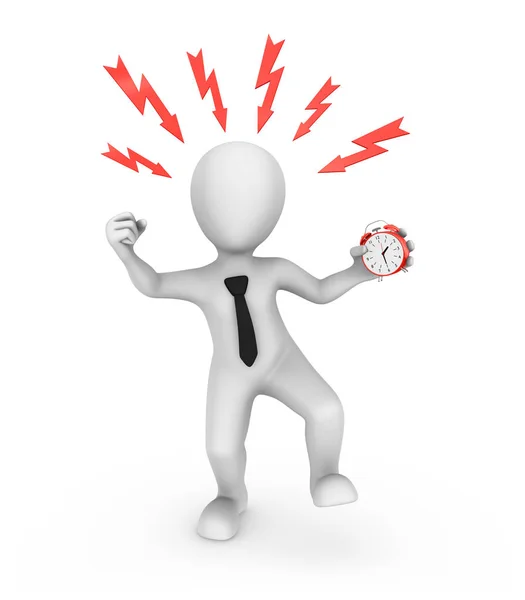 Kırmızı alarm saati ile 3D kızgın işadamı. Ofis stres kavramı.