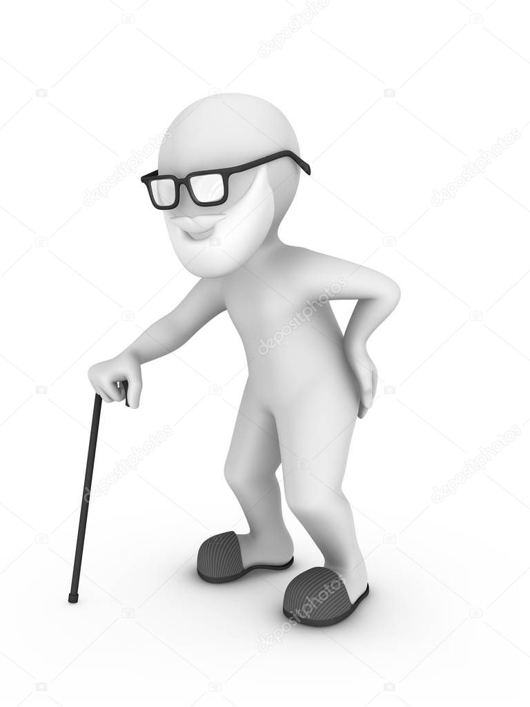 3d old man with cane and waist pain...