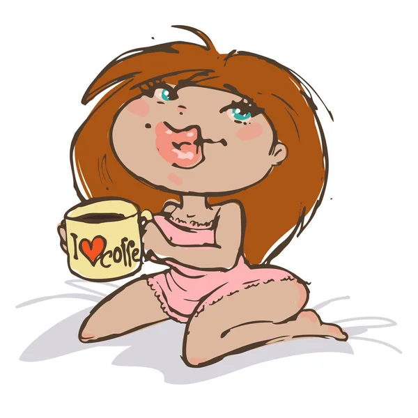 若い女性は彼女の朝のコーヒーを飲む — ストックベクタ
