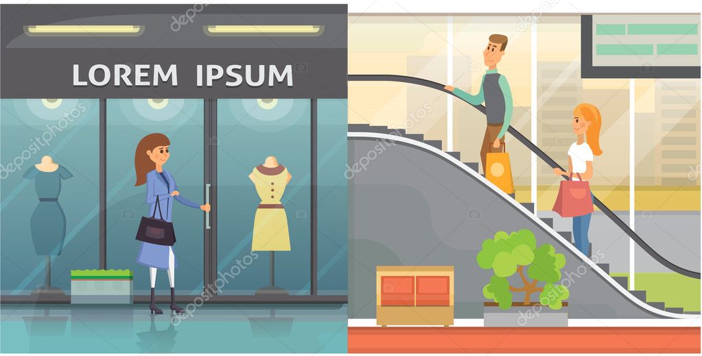 Flat shop clothes or clothing store. Shopping in a mall cartoon  illustration. Pretty woman Walking with Bags at the clothes store. Peopple  in Shopping Centre vector Stock Vector Image by ©  #125759462