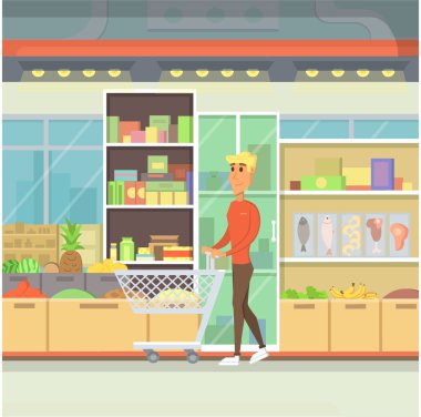 Süpermarket ve alışveriş merkezi düz illüstrasyon insanlar. Gıda süpermarket iç tasarım. Adam dükkanda ürünleri seçin. Bakkal satın alışveriş merkezi.