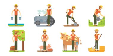 Çiftçi set vektör düz ayarlamak. Tarım iş ve hayat çiftlikte sunulması.