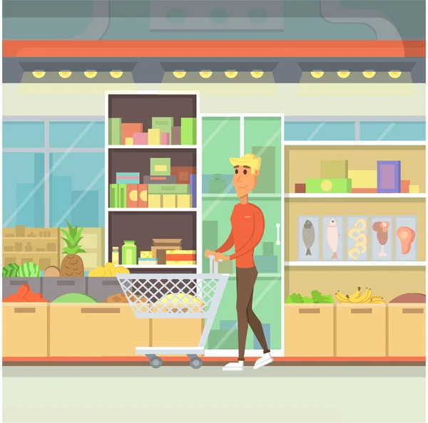 Pessoas em supermercado e shopping ilustração plana. Food Supermarket design de interiores. Homem escolher produtos na loja. Loja de compras de mercearia . — Vetor de Stock
