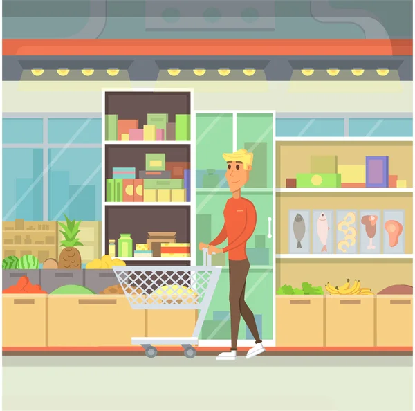 Personas en el supermercado y centro comercial ilustración plana. Diseño interior del supermercado de alimentos. Hombre elegir productos en la tienda. Tienda centro de compras de comestibles . — Archivo Imágenes Vectoriales