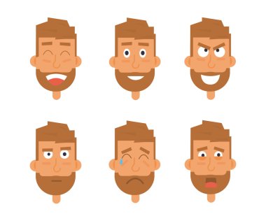 Sakallı adam yüz avatar kümesi. Düz adam yüz duygular. farklı duygu yüzler.