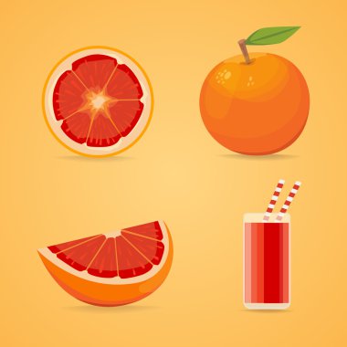 Greyfurt meyve poster bütün ve taze sulu turuncu beyaz arka plan resim yazısı da dahil olmak üzere izole yarısı tasvir eden karikatür tarzı. Vektör çizim.