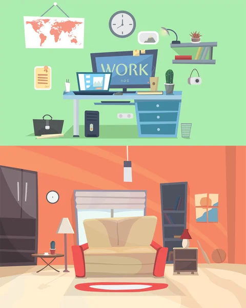 Conjunto de coloridas habitaciones de diseño interior vectorial con iconos de muebles: sala de estar, dormitorio. Ilustración de estilo plano. Oficina en casa — Vector de stock