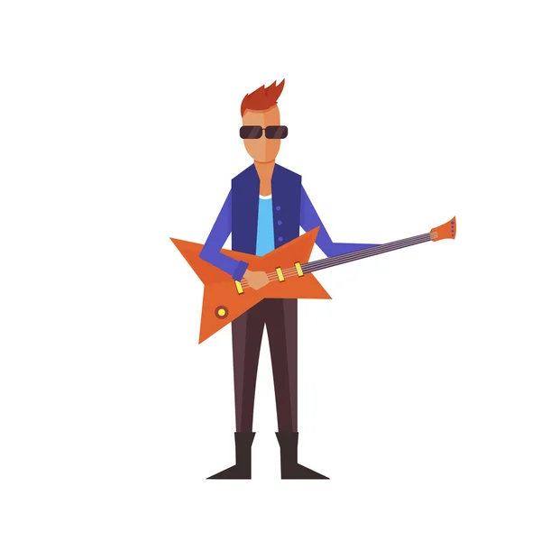 Zene pop vagy rock gitáros. Énekes rajzfilm fiú lapos illusztráció. — Stock Vector