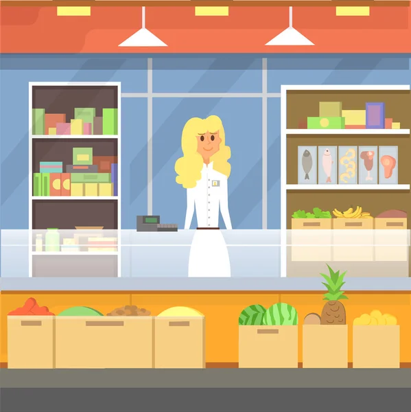 Winkelen in een winkelcentrum cartoon afbeelding. Peopple in centrum vector. Markt voor levensmiddelen. — Stockvector