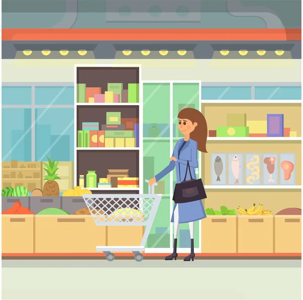 Compras em uma ilustração de desenhos animados do shopping. Peopple no vetor Centro. Mercado alimentar . —  Vetores de Stock