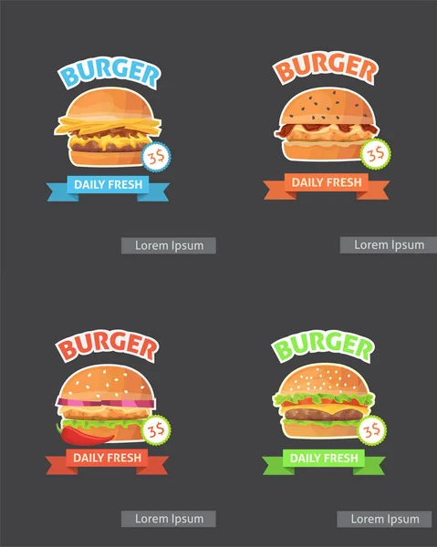 Carteles de hamburguesas Vintage de comida rápida. Vector retro aislado — Archivo Imágenes Vectoriales