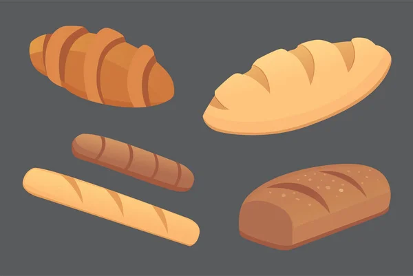 Diferentes panes y productos de panadería ilustraciones vectoriales. Bollos para desayunar. set hornear alimentos aislados — Vector de stock