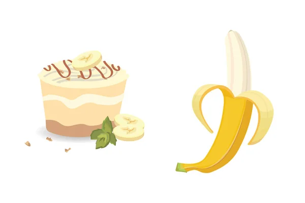 Свежие банановые фрукты и торт, векторная иллюстрация. Очищенные нарезанные бананы — стоковый вектор