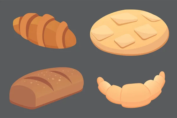 Différents pains et produits de boulangerie illustrations vectorielles. Des pains pour le petit déjeuner. mettre la nourriture au four isolé — Image vectorielle