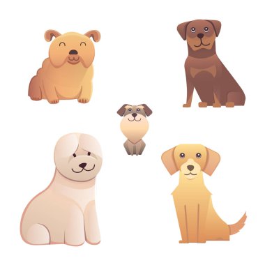 Koleksiyon küçük ve büyük köpeklerin sevimli farklı türü. Vektörel üreme izole kümesi. Çizimler karikatür mutlu bir köpek yavrusu. Hayvan hastalıklarıyla ilgili tasarım için evde beslenen hayvan hayvan klip sanat karakter