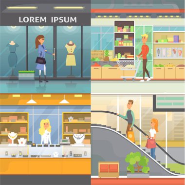 Alışveriş Merkezi, butik Odalar ve mücevher dükkanı. Süpermarket iç koleksiyonu. İnsanlar bir alışveriş merkezinde. Çizgi film illüstrasyon ürünleri satın alma ayarla