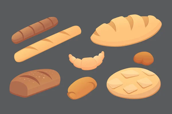 Diferentes panes y productos de panadería ilustraciones vectoriales. Bollos para desayunar. set hornear alimentos aislados — Vector de stock