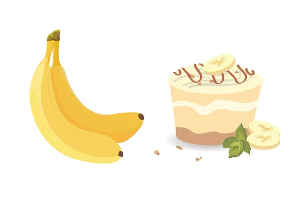 Frutas frescas de banana e bolo, ilustração vetorial. Bananas em fatias descascadas — Vetor de Stock