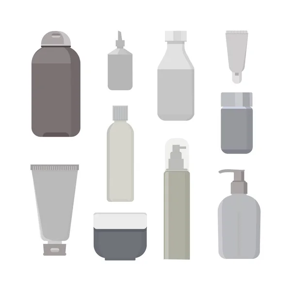 Conjunto de vetores de garrafas cosméticas. Frasco de xampu de beleza e recipiente com loção para pele — Vetor de Stock