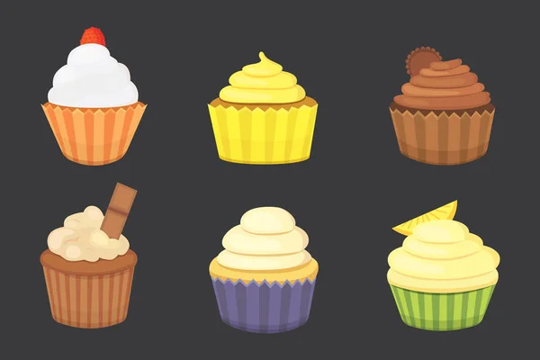 Conjunto de cupcakes vetoriais bonitos e muffins. cupcake colorido isolado para design de cartaz de alimentos . — Vetor de Stock