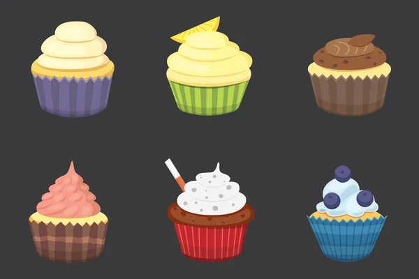 Set von niedlichen Vektor-Cupcakes und Muffins. bunte Cupcake isoliert für Lebensmittel-Plakat-Design. — Stockvektor