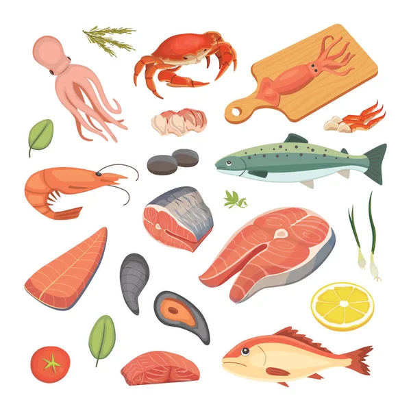 Vector Seafood illustrations set flat fresh fish and crab. Langosta y ostra, camarones y menú, pulpo animal, mariscos limón — Archivo Imágenes Vectoriales