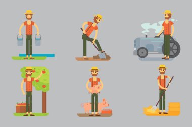 çiftçilerin tarım araçlarını kullanarak. Çiftçi vektör çizim ayarla