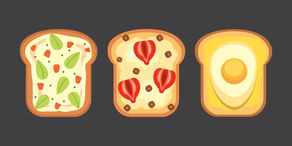 Set de tostadas y desayuno sándwich. Pan tostado con mermelada, huevo, queso, arándanos, mantequilla de maní, salami, pescado. Ilustración vectorial plana . — Archivo Imágenes Vectoriales