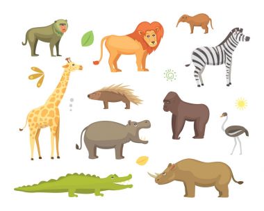 Afrika hayvanları vektör set karikatür. fil, Gergedan, zürafa, çita, zebra, sırtlan, aslan, su aygırı, timsah, gorila ve outhers. izole safari illustratio.