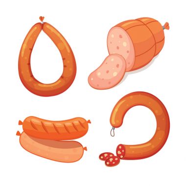 Vektör karikatür sosis kümesi. Pastırma, salam ve haşlanmış füme dilimlenmiş. İzole taze Şarküteri simgeler. Beyaz bir arka plan üzerinde ızgara ürün