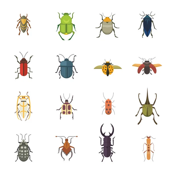 Conjunto de insectos de estilo plano iconos de diseño vectorial. Colección naturaleza escarabajo y zoología ilustración de dibujos animados. Icono de error concepto de vida silvestre — Archivo Imágenes Vectoriales