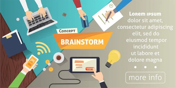 Brainstorm креативная концепция команды в плоском стиле. коллекция деловых людей. Руки с гаджетами векторной иллюстрации — стоковый вектор