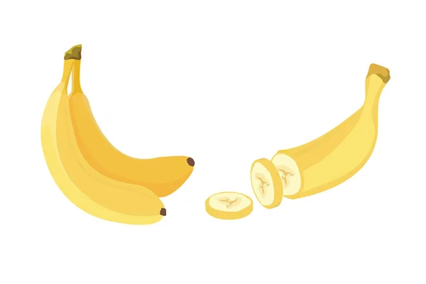 Owoce świeże banany, zbiór wektorów. Obrane i pokrojone banany — Wektor stockowy