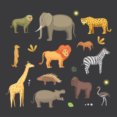 Afrika hayvanları vektör set karikatür. fil, Gergedan, zürafa, çita, zebra, sırtlan, aslan, su aygırı, timsah, gorila ve outhers. izole safari illustratio.