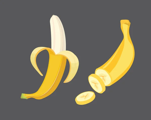 De vruchten van de verse bananen, verzameling van vectorillustraties. Gepelde en gesneden bananen — Stockvector