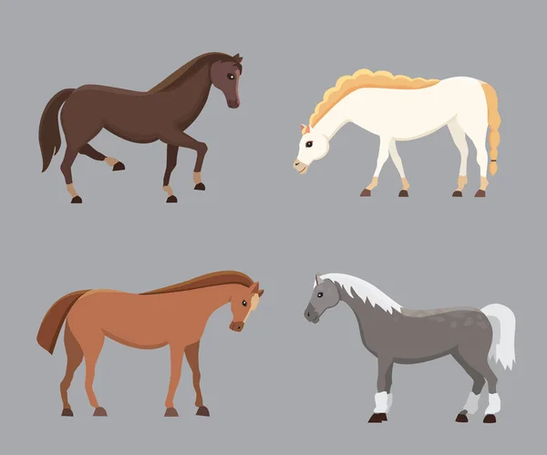 Симпатичные лошади в различных позах векторного дизайна. Мультфильм о дикой изолированной лошади и разном силуэте плоского пони — стоковый вектор