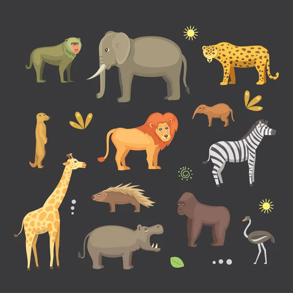 Afrikanische Tiere Cartoon-Vektor-Set. Elefanten, Nashörner, Giraffen, Geparden, Zebras, Hyänen, Löwen, Flusspferde, Krokodile, Gorillas und andere Tiere. Safari isolierte Illustrationen. — Stockvektor